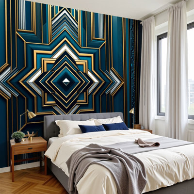 Peel and Stick Wallpaper Geometric Art Deco Gold Teal Symmetrical Design Wall Murals 100"H x 144"W Removable PVC Wall Paper Self-Adhesive Wall Decor for Bedroom Living Room Home Office
