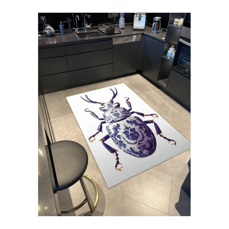Machine Washable Insect Patterned Blue Area Rug, Square 3'3" Rug Pad Included
