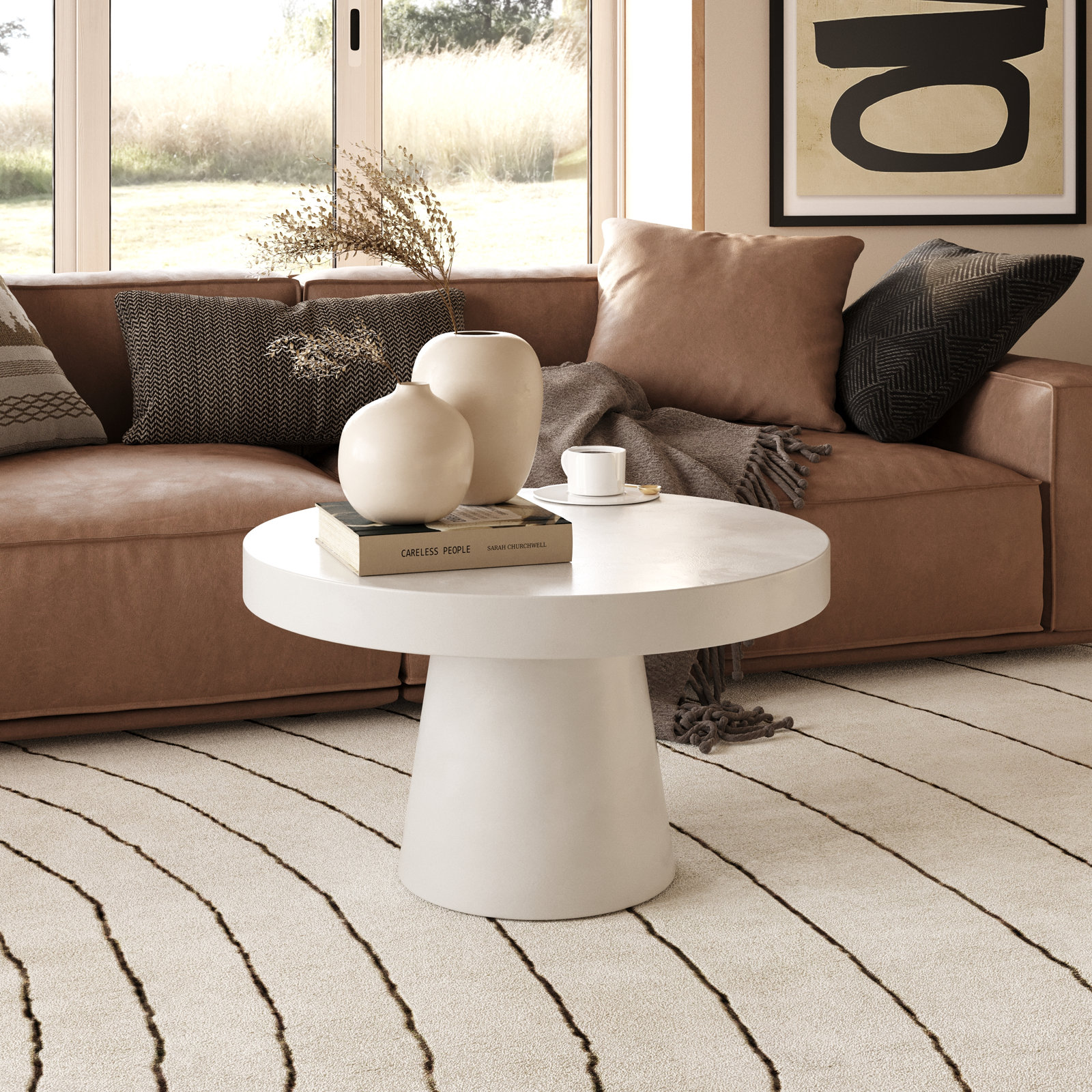 Prevelly 27" Concrete Round Coffee Table, White