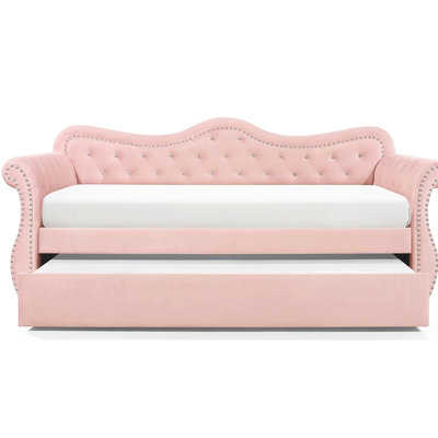 Lit de jour rose avec couchette et housse en velours - construction en bois massif, conception moderne avec accoudoirs, revêtement en construction