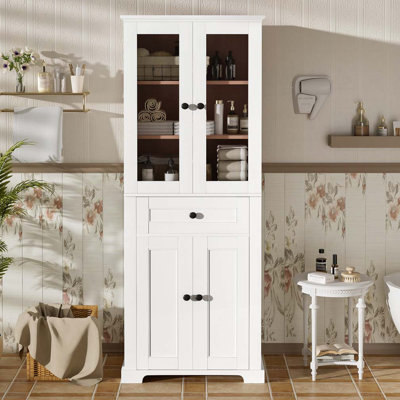 67.2" Tall Bathroom Storage Cabinet with Tempered Glass Doors, Adjustable Shelves & Drawer