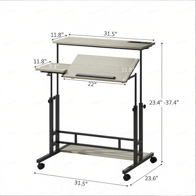 Bureau mobile, bureau debout, bureau debout réglable (seulement bureau), Chêne / noir