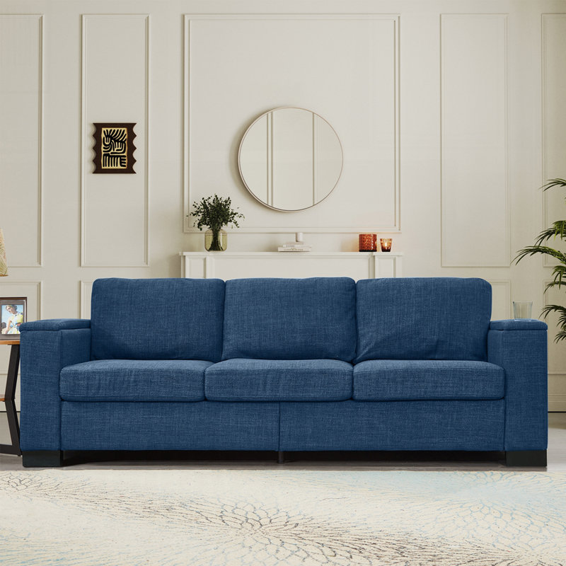 Causeuse de salon de style moderne avec similicuir, porte-gobelet et rangement, canapé à accoudoirs carrés, Blue