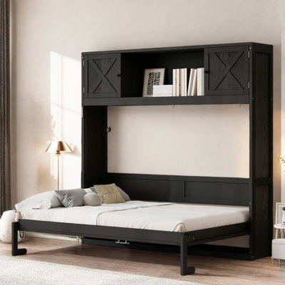 Lit escamotable double avec deux armoires de rangement supérieures et support de rangement ouvert au milieu 