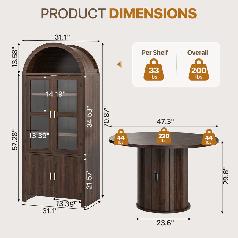 47" Round Dining Table With 71'' Tall Kitchen Pantry Storage Cabinet, Brown