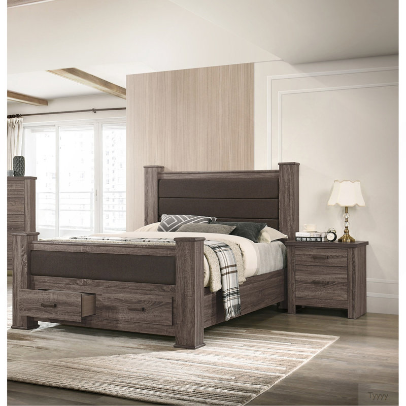 Mobilier de chambre à coucher de style moderne avec lit de grand lit et tête de lit tapissier à finition brune, Grand lit