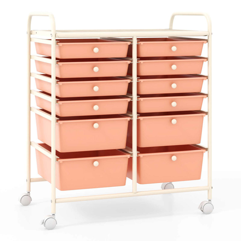 Chariot de rangement à 12 tiroirs avec 2 tiroirs en plastique , Peau rose