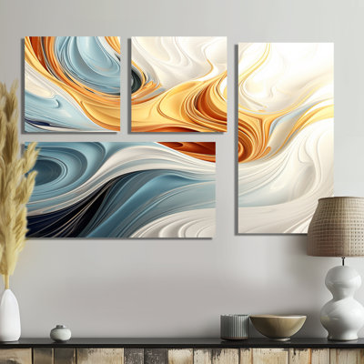 Vague rétro bleue et orange élégante II - art mural moderne 4 pièces