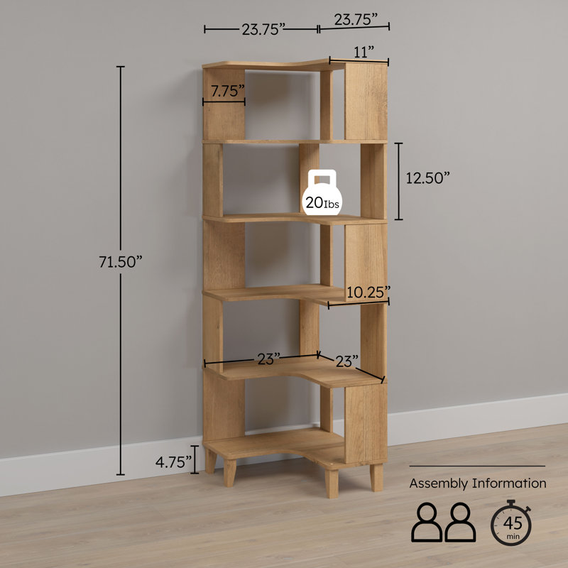 Yalin 6-Tier Modern Mid Century Corner Bookcase, 71.5" Extra Tall Corner Shelf With Storage, Natural Oak