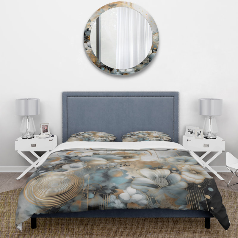 Ensemble de housse de couette en microfibre / polyester Golden Blue Silky Flower Design II
