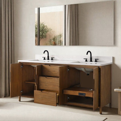 72" Freestanding Bathroom Vanity with Milano Mist Stone Top, Hidden Power Shelf and Hair Dryer Holder