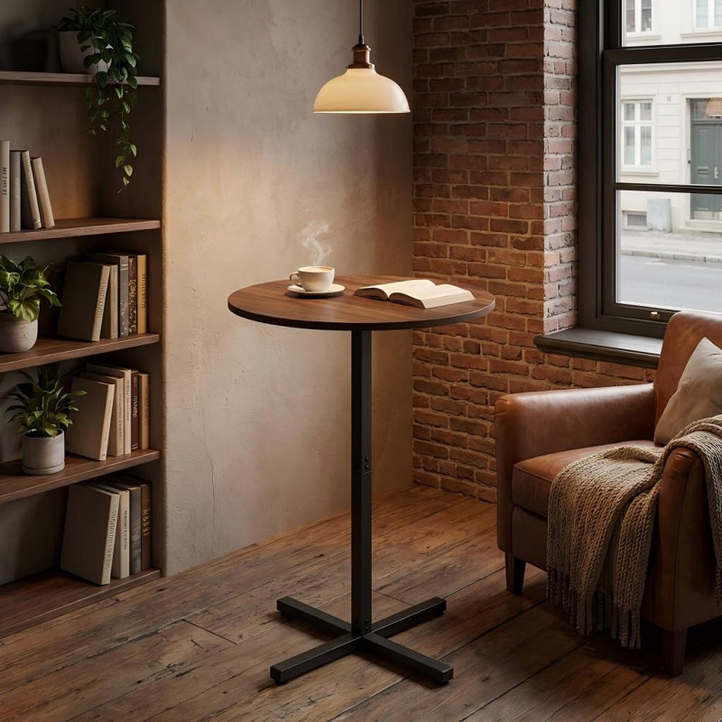 41.1''H High Top Bar Pub Round Cocktail Table  with Metal Frame and Cross Base, Brown