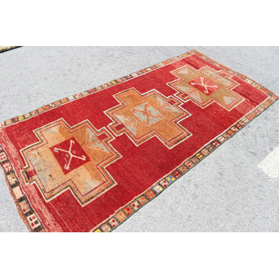 Handwoven Vintage Turkish Runner Rug With Geometric Pattern In Red Wool For Home Decor