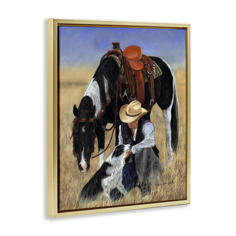 Cowboy avec chien et cheval, Cadre flottant métallique doré, H 31 po x l 25 po