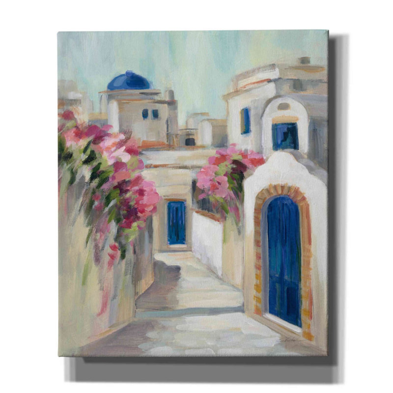 «Santorini Street I» par Silvia Vassileva, art mural sur toile, H 24 po x l 20 po x P 0,75 po