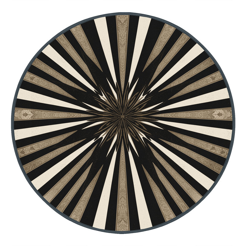 Tapis chic et luxueux lavable à la machine Manhasset Starburst en noir - reliure noire, Rond 8 pi