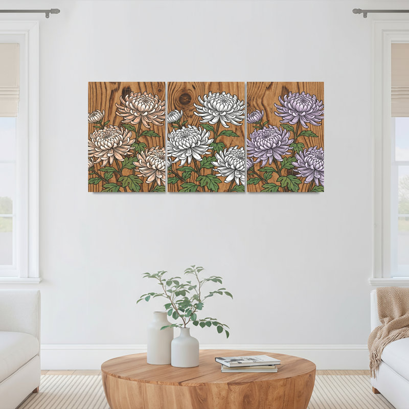 Ensemble de 3 tableaux muraux sur toile texturée effet bois, motif floral chrysanthème, H 18 po x l 36 po