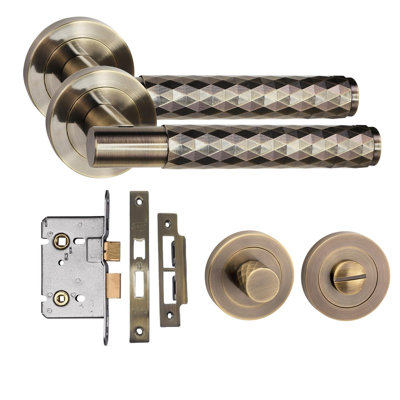 Golden Grace Knurled Diamond Cut T-Bar Bathroom Door Handle Set with Thumbturn and Mortise Lock