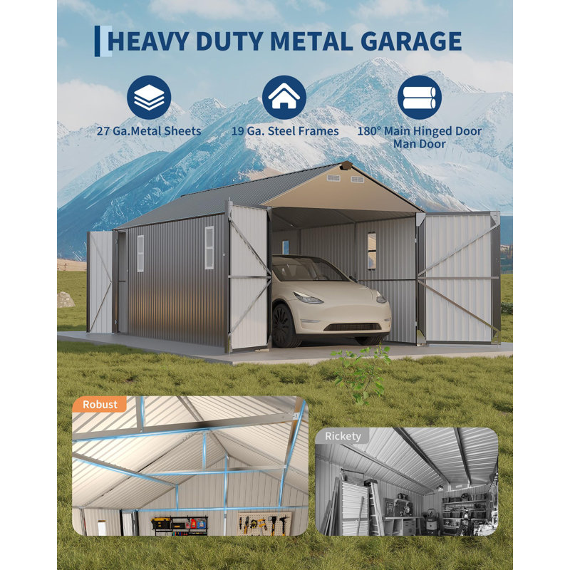 Abri de voiture en métal fermé pour toutes saisons - 10 x 20 pi, toit en acier vertical, remise de garage avec porte d'homme pour berline et VUS (gris)