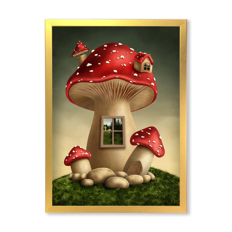 Fantasy Mushroom House - Peinture sur toile, H 44 po x l 34 po, Toile à cadre d'angle fermé doré