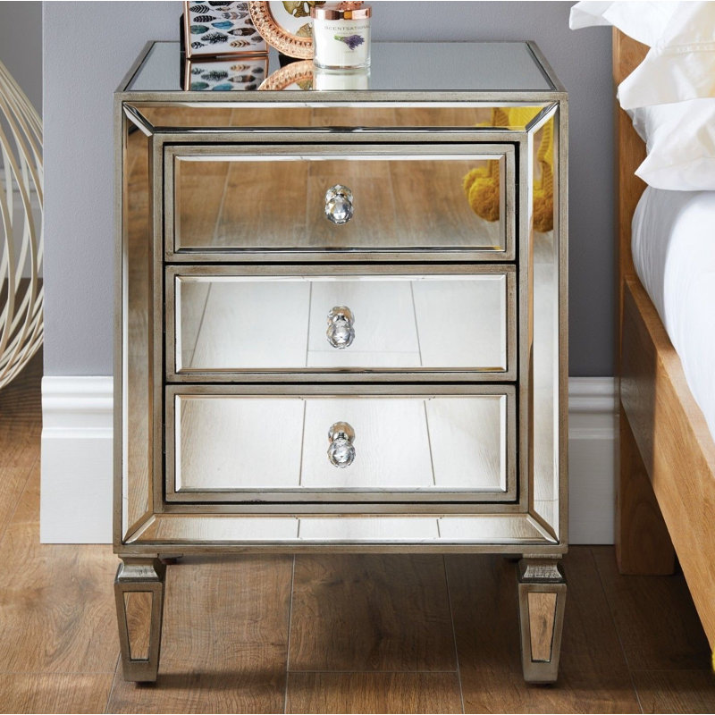Quinton Mirror and Glass Bedside Table 3 Drawers Modern Design