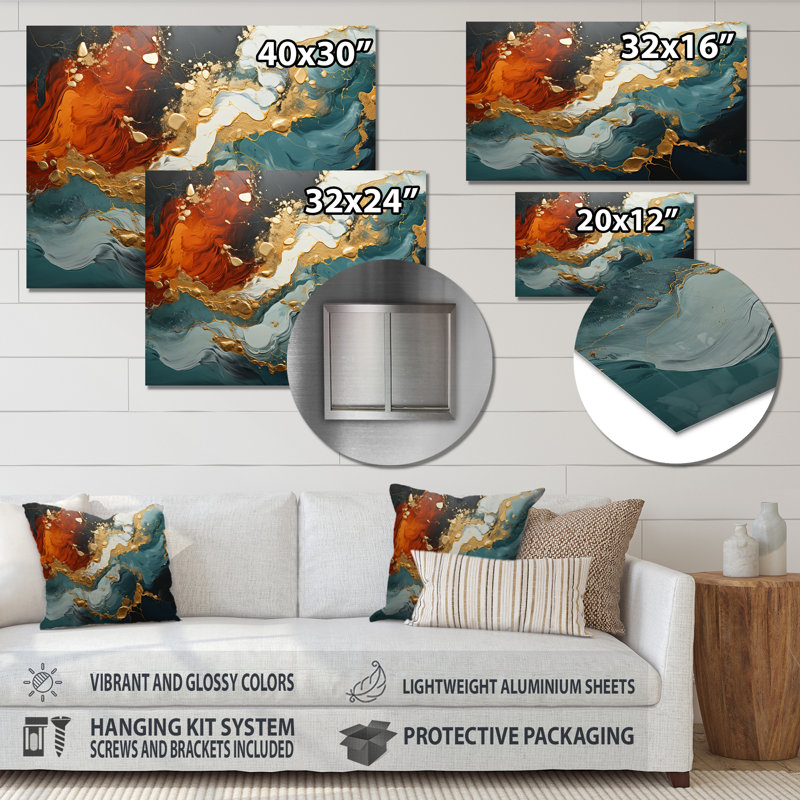 Tempête de marbre bleu et doré I - art mural abstrait en métal MT137158, H 12 po x l 20 po x P 1 po
