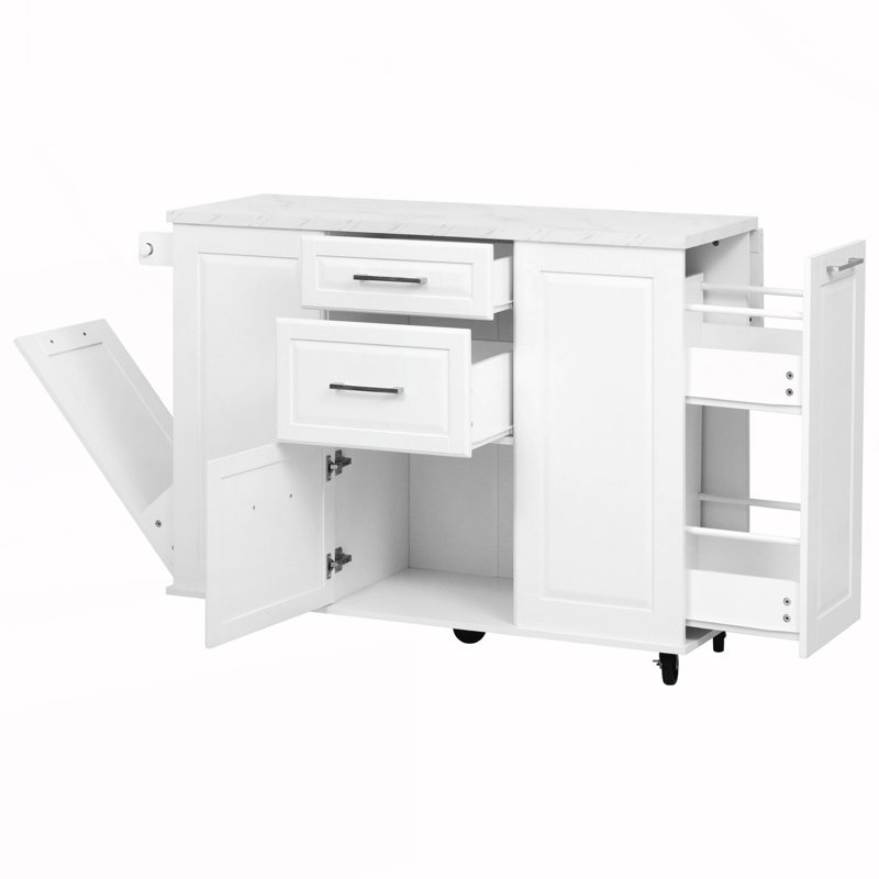 Rolling Kitchen Island on 5 Wheels with Drop Leaf, White