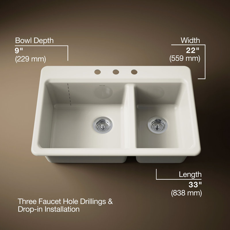 Riverby 33 In. Top-Mount Double-Bowl Kitchen Sink, 3 hole, Biscuit, Large/medium bowls