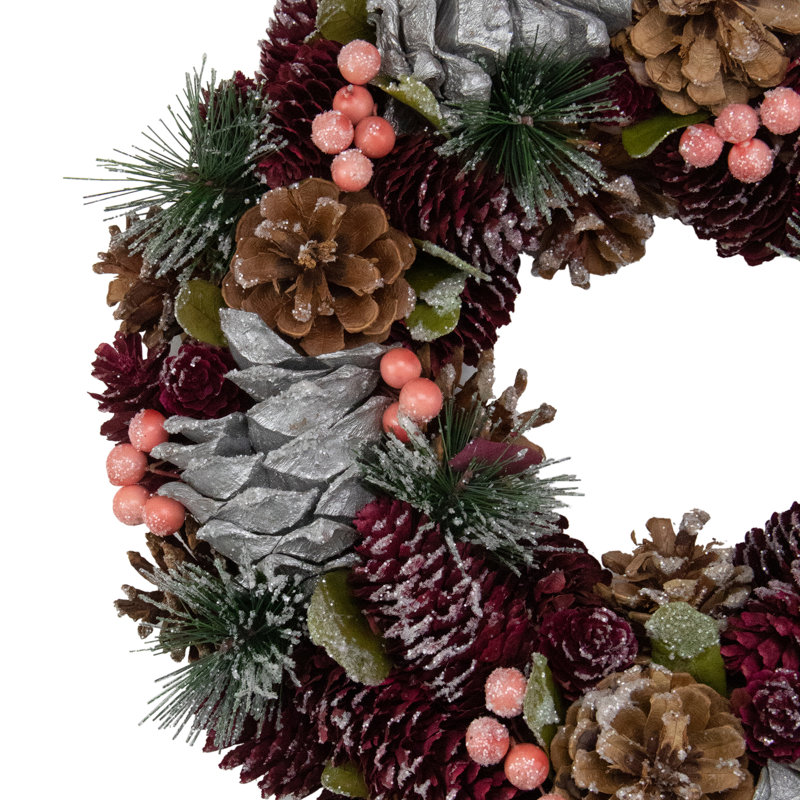 Couronne de Noël artificielle 13,5 po en forme de pomme de pin scintillante rouge argentée et rose - non éclairée