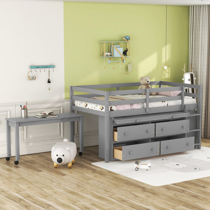 Lit mezzanine simple gris avec bureau portable et tablettes supplémentaires avec rangement, finition, structure en bois massif