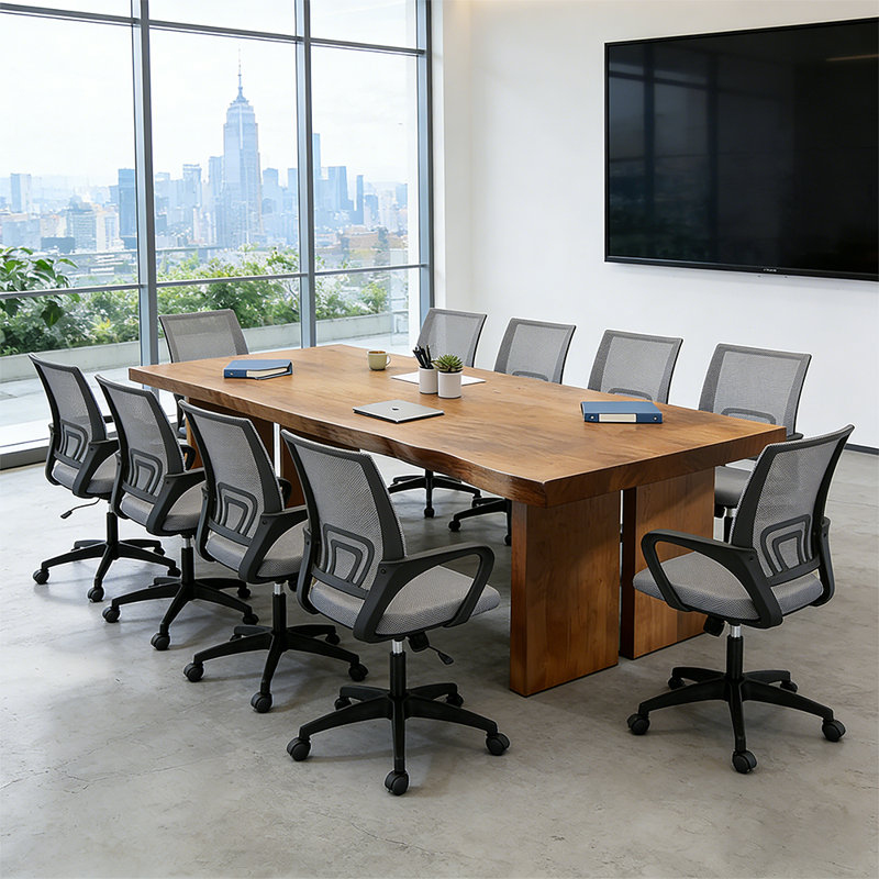 Ensemble de table de conférence moderne en bois massif pour 8 personnes avec 8 chaises de bureau
