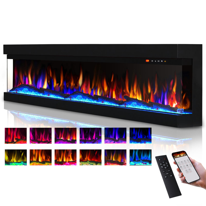 3 Sided Glass Electric Fireplace Multicolors,Inserts And Remote&App Control,Heater And Multicolors Flame Effect Combination,DIY Log&Crystal Combination