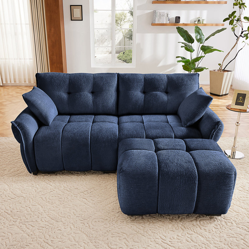 Canapé en tissu d'ameublement avec repose-pieds Chenille, Bleu, H 35,4 po x l 78,7 po x P 61 po