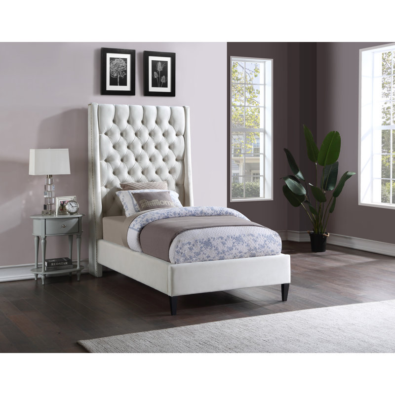 Dymph Upholstered Wingback Bed, Twin, Cream Velvet