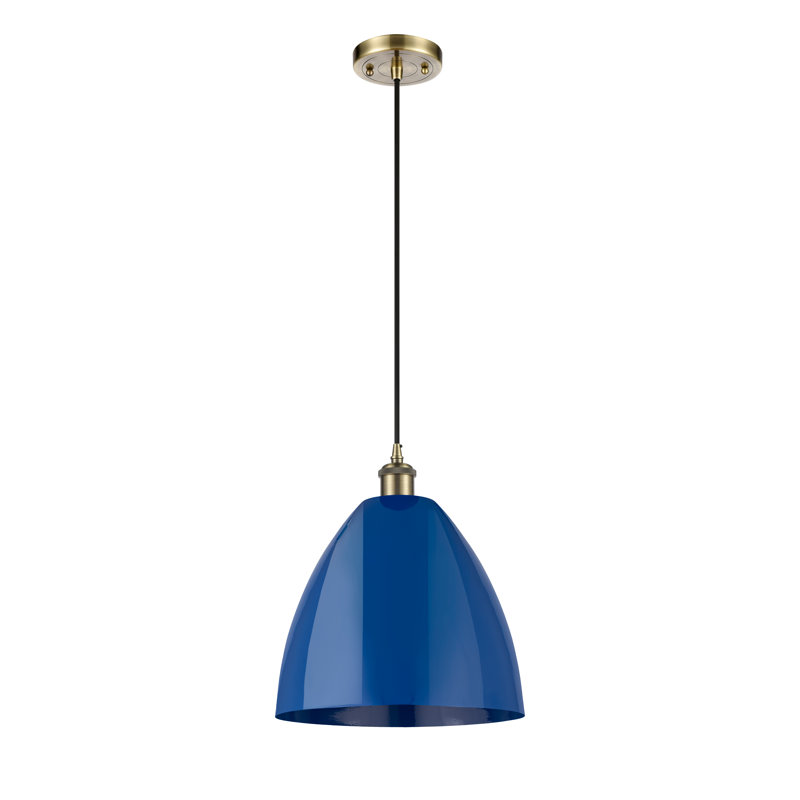 Luminaire suspendu conique 1 lumière, Laiton antique, Bleu, H 14,75 po x l 12 po x P 12 po