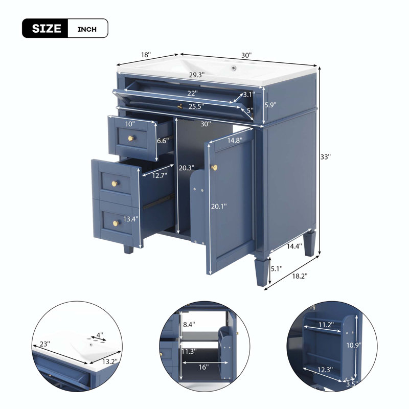 Windrim 30'' Single Bathroom Vanity  with Top Sink, Blue