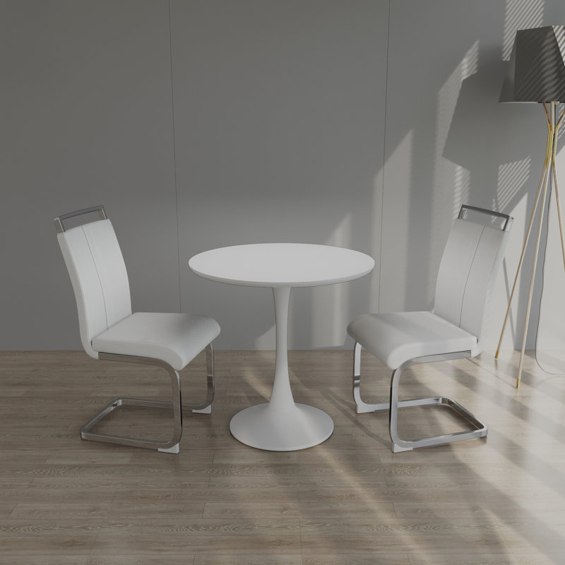 Table de salle à manger 31,5 "circulaire, table à manger tulipe, table de salle à manger pour 2 à 4 personnes et 2 chaises de salle à manger en métal blanc