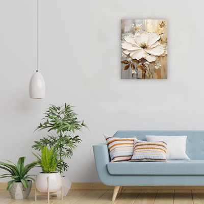 Élégante décoration murale en toile abstraite fleur d'or de qualité supérieure, 24 x 18 po, pour le salon, la chambre à coucher