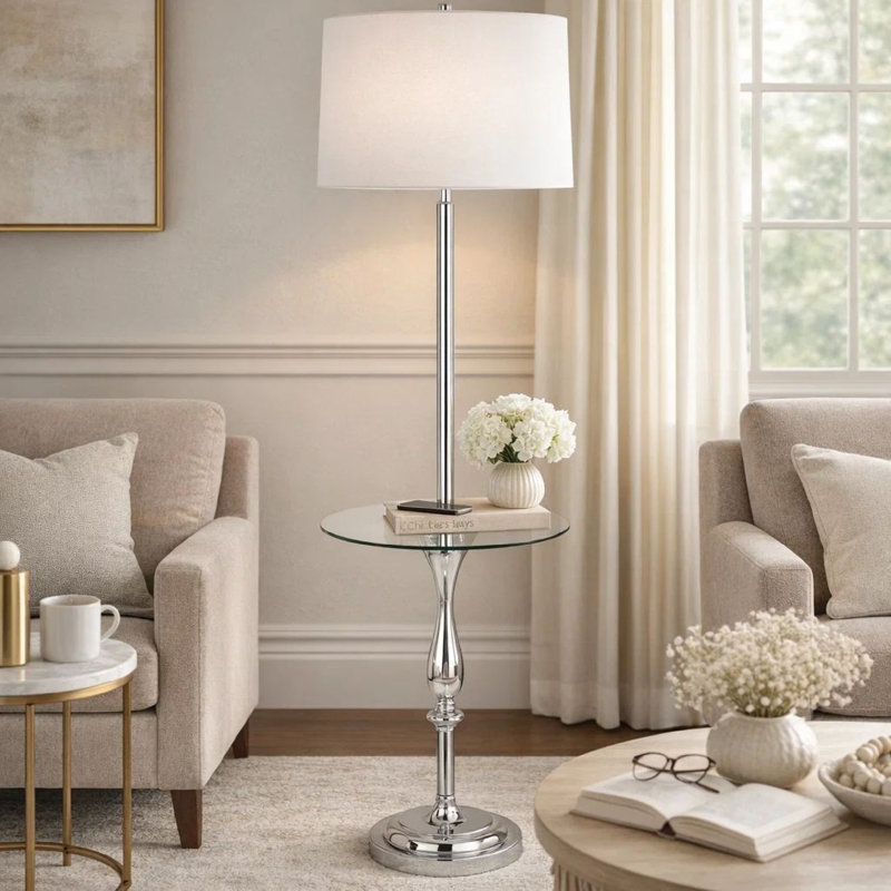 Abdul-Qayyum 61'' Tray Table Floor Lamp with USB, White, Silver