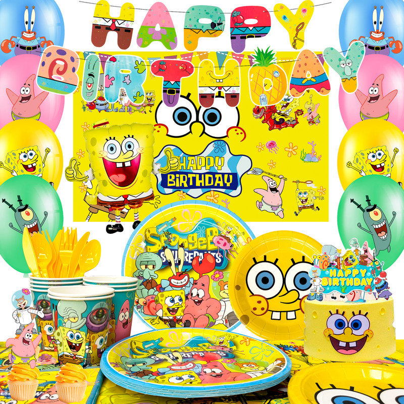Décorations de fête d'anniversaire Spongebob, 99 pièces d'articles de fête Spongebob et ensemble de vaisselle pour enfants Spongebob