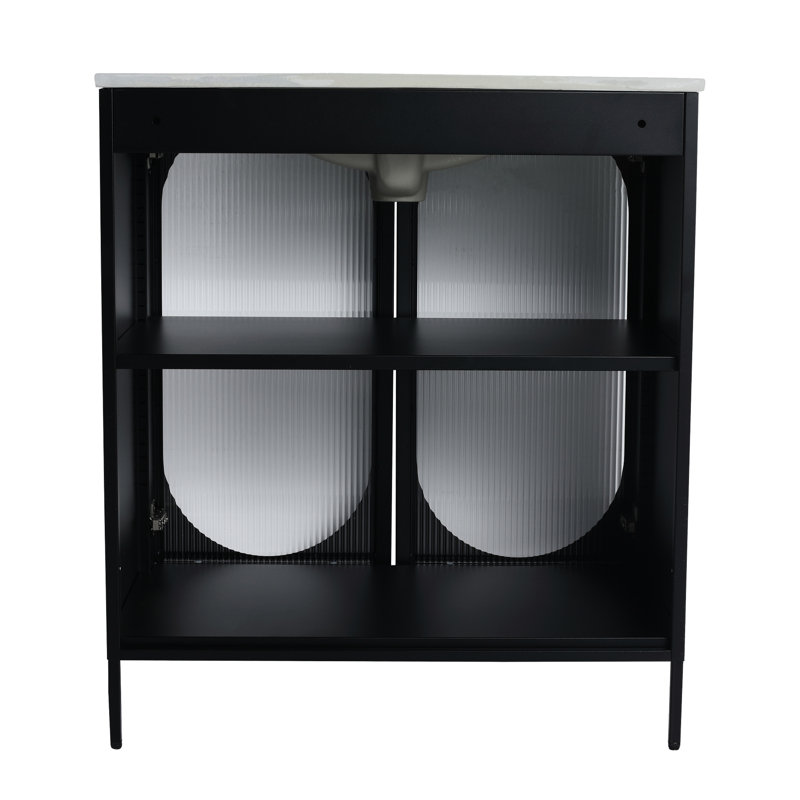 30" Freestanding Bathroom Cabinet, Ceramic Sink, Cold Rolled Steel, And Heat-, Modern Double-door Style, Adjustable Shelving, Metal Handles, Black Bath Vanity With Washbasin - Steel System