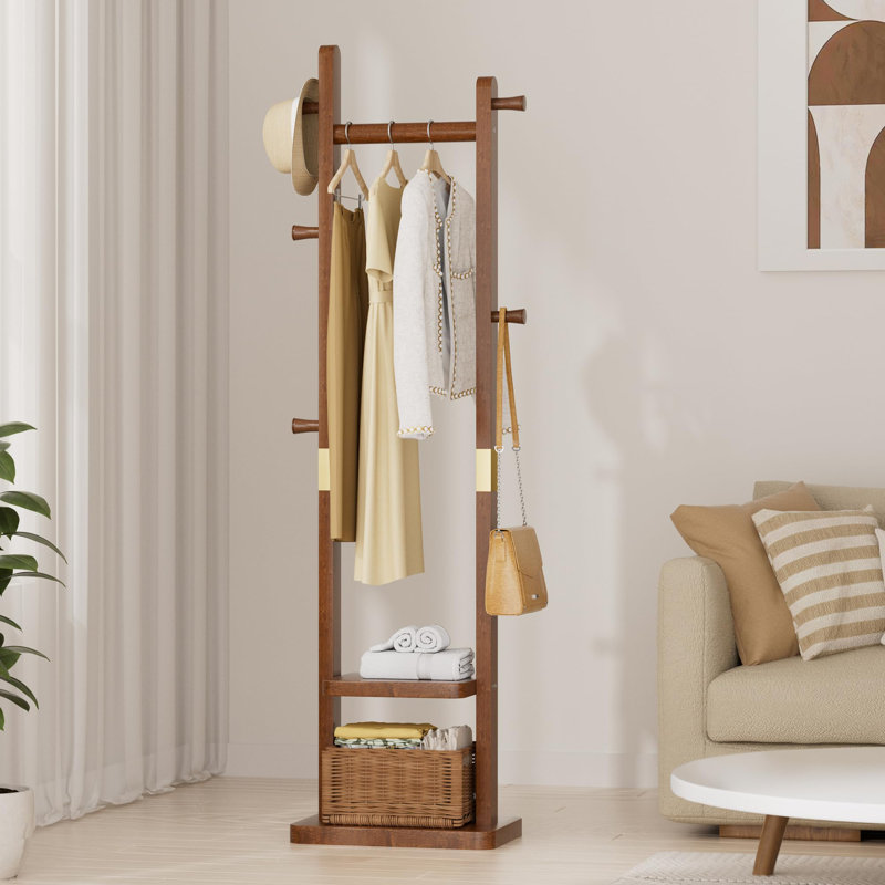Portemanteau autoportant en bois massif, 5 crochets et 2 tablettes