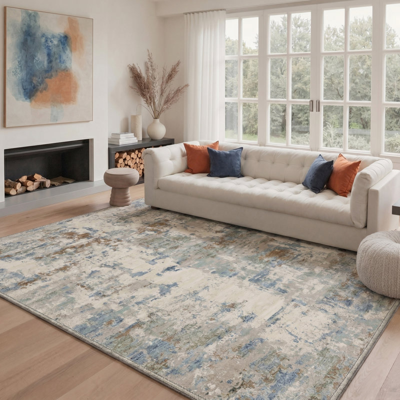 Tapis ivoire / bleu Atkins, Rectangle 5 pi x 7 pi