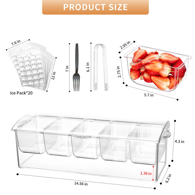 Chilled Condiment Server Clear ICY Condiment Tray Ice Party Serving Bar With Lid Garnish Holder On Ice 5 Removable Compartments