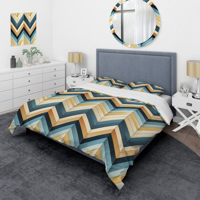 Ensemble de housse de couette beige à chevrons en mosaïque vert / beige, Housse de couette simple + 1 taie décorative stan