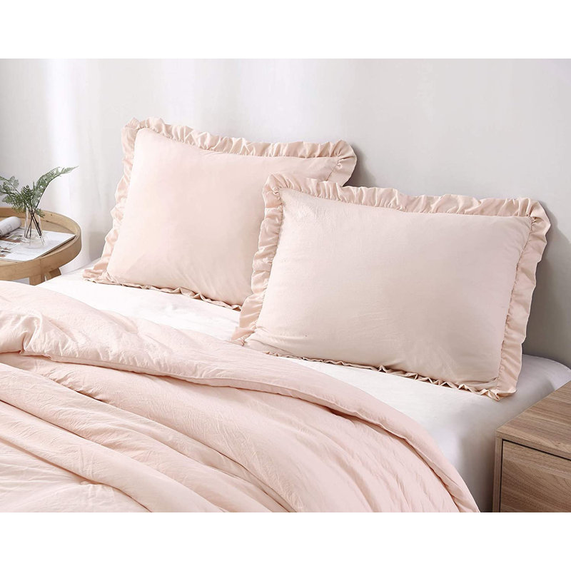 Nora Washed Microfiber Ruffled Comforter Set, White, Full Comforter + 2 Standard Shams