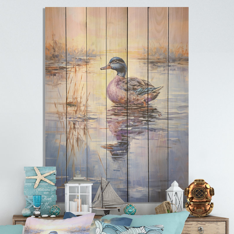 «Twilight Duck At The Lake I» - animal canard sur bois, H 40 po x l 30 po