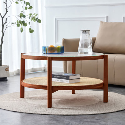 Table basse moderne en bois massif à double couche circulaire, plateau de table en verre artisanal, matériau de la deuxième couche: rotin PE, structure en bois massif