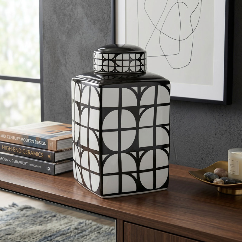 Geometric Ceramic Table Jar with Lid for Home Decor - Decorative Patterned Tall Jar for Shelf Styling, Console Display, and Tabletop Accent