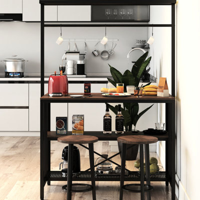 Versatile Bakers Rack And Kitchen Island With 3 - Tier Microwave Stand, Hooks For Tool Hanging, Coffee Bar Area, Walnut Grain, 71.05 In Height Utensil Finish,